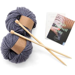 Blanket Knitting Kit - Chunky Comfort Blanket Knit Kit - Includes 7 Balls of Chunky Yarn, Bamboo Knitting Needle and Knit Guide - Mindfulness and Relaxation Gift Set for Women