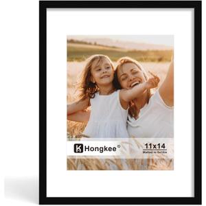 Hongkee 11x14 Picture Frame, Made of Solid Wood with Real Glass, Display Pictures 8x10 with Mat or 11 x 14 without Mat - Wall and Tabletop (Black, 1 Pack)