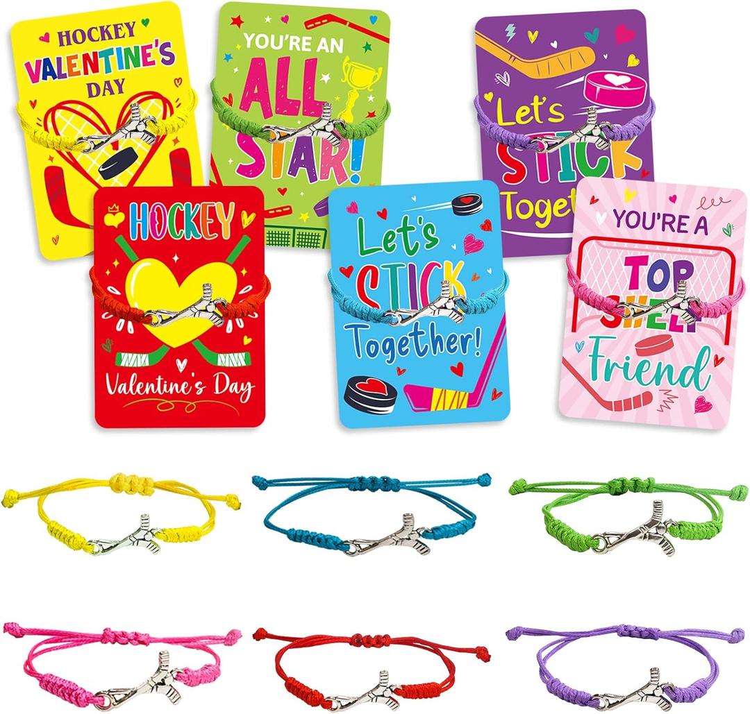 WorldBazaar 24 Pack Hockey Valentines Day Cards with Bracelets Classroom Exchange Gift Set Kids Hockey Bracelets Friendship