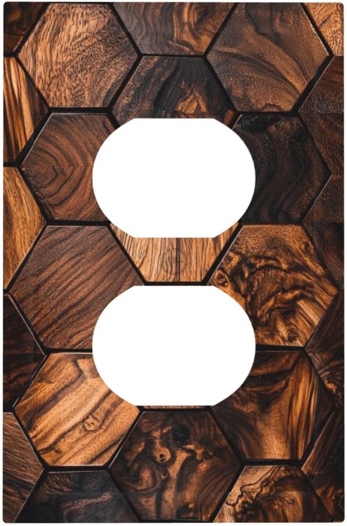Dark Honeycomb Wood Hexagon Brown Wood Grain Print Outlet Covers 1 Gang Duplex Light Switch Cover Decorative Switch Plates Electrical Receptacle Faceplate Wall Plate for Farmhouse Home Decor