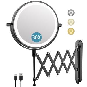 5000mAh Rechargeable Wall Mounted Makeup Mirror - 8 Inch Double Sided 1X/30X Magnifying Mirror with 3 Color Lights Dimmable Touch Screen, 360Swivel 19.6 Inch Extendable Accordion Bathroom Mirror