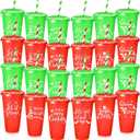 Funnymoom 24 Pcs Red and Green Glitter Christmas Cups Bulk with Lid and Straw 24 oz Reusable Christmas Plastic Tumbler with Sayings Holiday Drinking Cups for Xmas Party Supplies Favors, 6 Designs