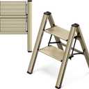 GameGem 2 Step Ladder, Aluminum Folding Step Stool with Anti-Slip Sturdy and Wide Pedal, Lightweight Portable Stepladder for Home and Kitchen Use Space Saving, 330 lbs, Champagne Gold