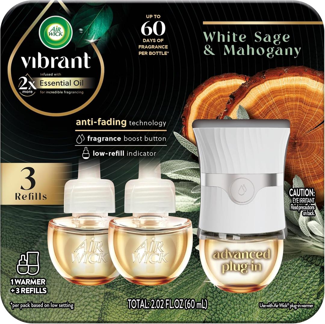 Air Wick Plug In Scented Oil Advanced, 1+3 Starter Kit, Essential Oils, Air Wick Plug Refills, Scent Diffusers, Plug In Air Freshener for Home, Home Essential, White Sage and Mahogany Scent (2.01 Fl Oz (Pack of 1))