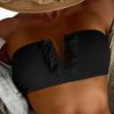 WDIRARA Women's Ruffle Notched Neck Lace Up Smocked Swim Tops Bandeau Bikini Top Strapless Solid Padded Bathing Suit Top (Medium, Black)