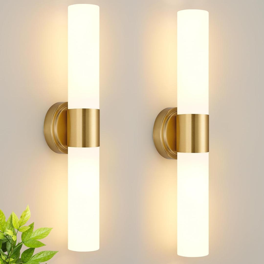 Wall Sconces Set of Two, Modern Bathroom Sconces Wall Lighting with Milky White Glass, Brushed Gold Sconces Wall Decor Set of 2 for Bathroom Mirror Bedroom Living Room Hallway