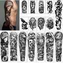 Full Arm Temporary Tattoos 8 Sheets and Half Arm Shoulder Waterproof Tattoos 8 Sheets, Extra Large Tattoo Stickers for Men and Women (22.83"X7.1")
