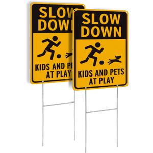 2 Pack Slow Down Metal Sign, Kids and Pets at Play Sign with H-stakes, 14"10" Reflective Aluminum, Fade Resistant/Waterproof, Including Screws, Easy to Install, Outdoor Use