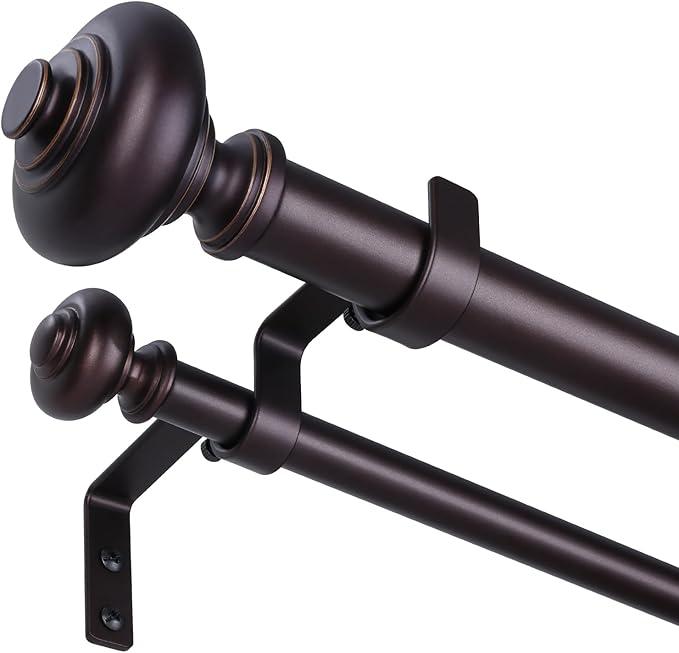 Wood Double Curtain Rods for Windows 36 to 72 inch, Boho Vintage Decorative 1 Inch Adjustable Dual Curtain Rod, Heavy Duty Farmhouse Double Drapery Pole with Imitation Wood Grain Finials