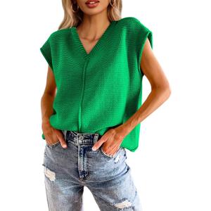 Saodimallsu Women's V Neck Cap Sleeve Lightweight Knit Sweater Top (Green, S)