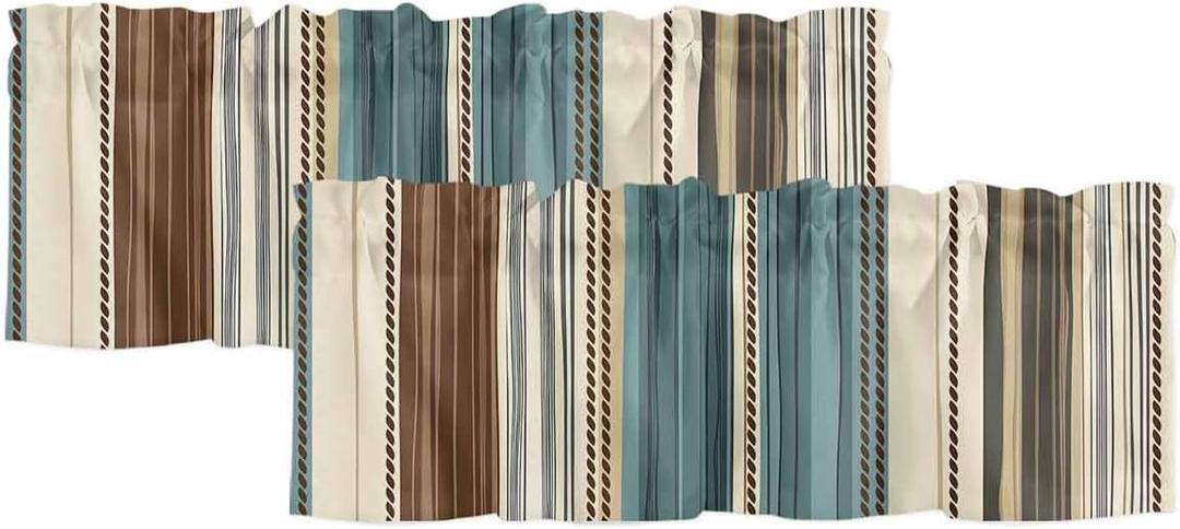 Teal Brown Striped Curtain Valances for Windows, Vertical Stripes Kitchen Valance Window Treatments Panel 2 Pack, Vintage Boho Rod Pocket Short Curtains for Bathroom Bedroom 54 x 18 Inch