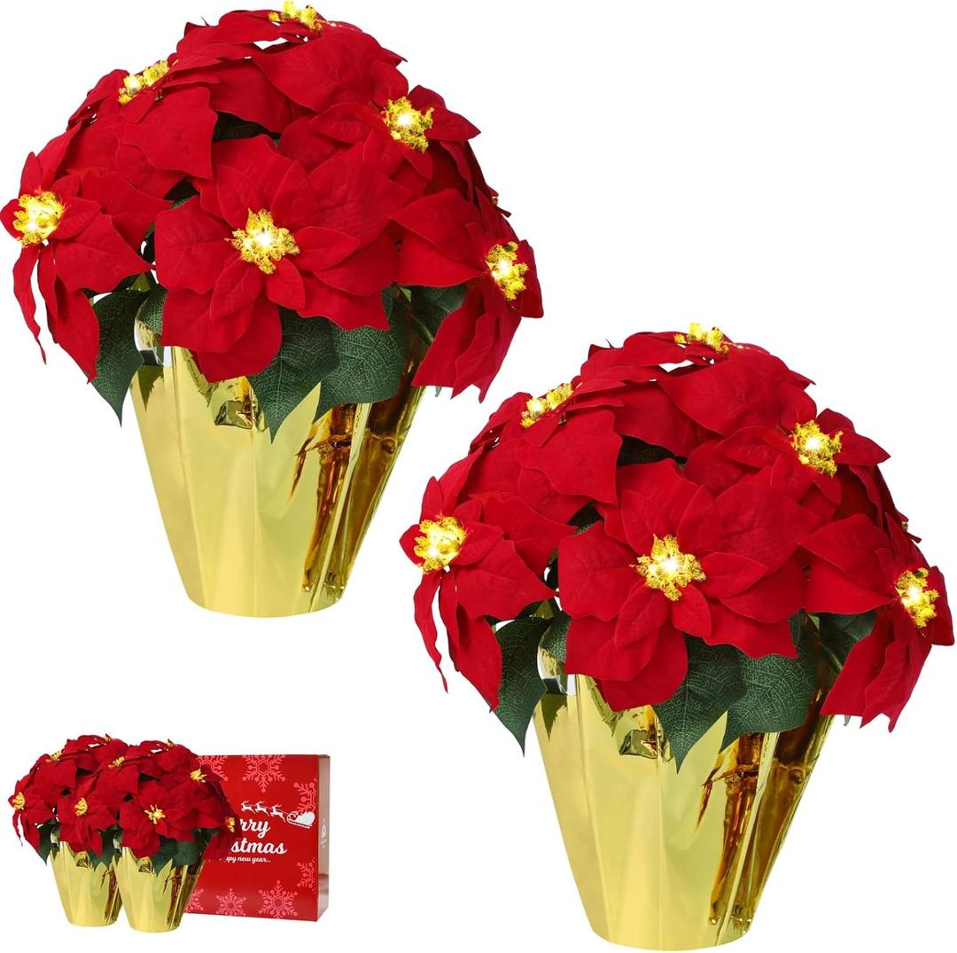 HOMESEASONS 2 Pack Large Outdoor 18" Pre-Lit Christmas Decorations Flower LED Lighted Artificial Poinsettia Plants - Faux Poinsettia Flowers in Pot with Lights for Outdoor Use (Red, 18inch)