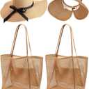 4 Pcs Beach Vacation Essentials 2 Pack Beach Mesh Tote Bag 2 Pack Sun Hat for Women Foldable Packable Floppy Wide Brim Sun Straw Hat UV Protection for Travel Pool Family Cruise Essentials