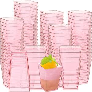 Mifoci 5 oz Plastic Dessert Cups Appetizer Cups for Parties Mini Square Disposable Dessert Bowls Clear Parfait Bowls for Pudding Fruit Yogurt Ice Cream Mousse(Pink,100 Pcs)