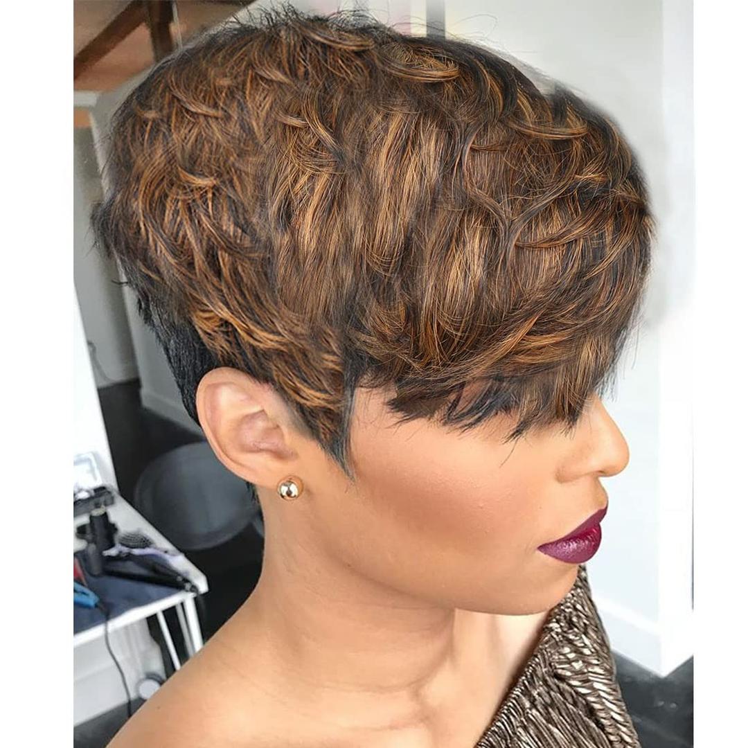 Short Human Hair Wig for Women Pixie Cut with Auburn Brown Ombre Top Similar to #30 Short Layered Wavy Curly Wig with Bangs F1B/30