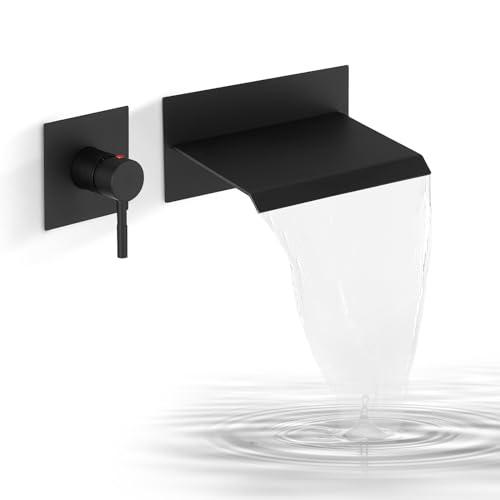 BATHLAVISH Waterfall Bathtub Faucet Wall Mount Single Handle Bath Tub Faucet with Rough in Valve High Flow Waterfall Tub Spout Mixer Tap Lavatory with Tabletop, Matte Black