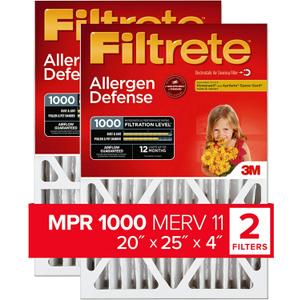 Filtrete NADP03-2PK-2 08189005996 MPR 1000 20 x 25 x 4 (4-3/8 Actual Depth) Micro Allergen Defense Deep Pleat HVAC Air Filter, Uncompromised Airflow, 2-Pack, 20x25x4, No Color, 2 Count (19.9" x 24.6" x 4.3")