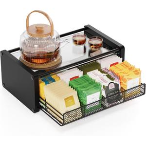Tea Bag Organizer, Tea Organizer and Storage with Drawers, Tea Bag Holder with Divided Compartments, Wooden Kitchen Organizers and Storage for Kitchen, Countertop, Office, Tea Station (Black- Large)