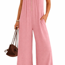KIRUNDO Summer One Piece Jumpsuits For Women 2025 Casual Loose Button Sleeveless Romper Knit Wide Leg Overalls With Pockets(Pink, XL)