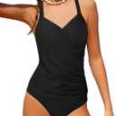 AGAPENG Teen Swimsuits for Girls Twist V Neck Girls Tankini Swimsuit Ruched Tummy Control Bathing Suits for Teens High Waisted Bottom Two Piece Teen Swimsuits 13-14 Black