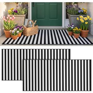 Drydiet 2 Pcs Black and White Striped Rug 2 x 4.3 ft Outdoor Front Door Rug Spring Decor Cotton Washable Doormat Modern and Simple Farmhouse Layering Mats for Front Porch Home Entryway Decor