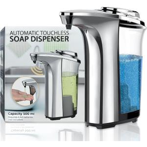 FKWin Automatic Soap Dispenser, Touchless Hand Soap Dispensers 17oz/500ml with 5 Adjustable Soap Levels, Kitchen Soap Dispensers, Liquid Hand Soap Dispenser Bathroom, Silver