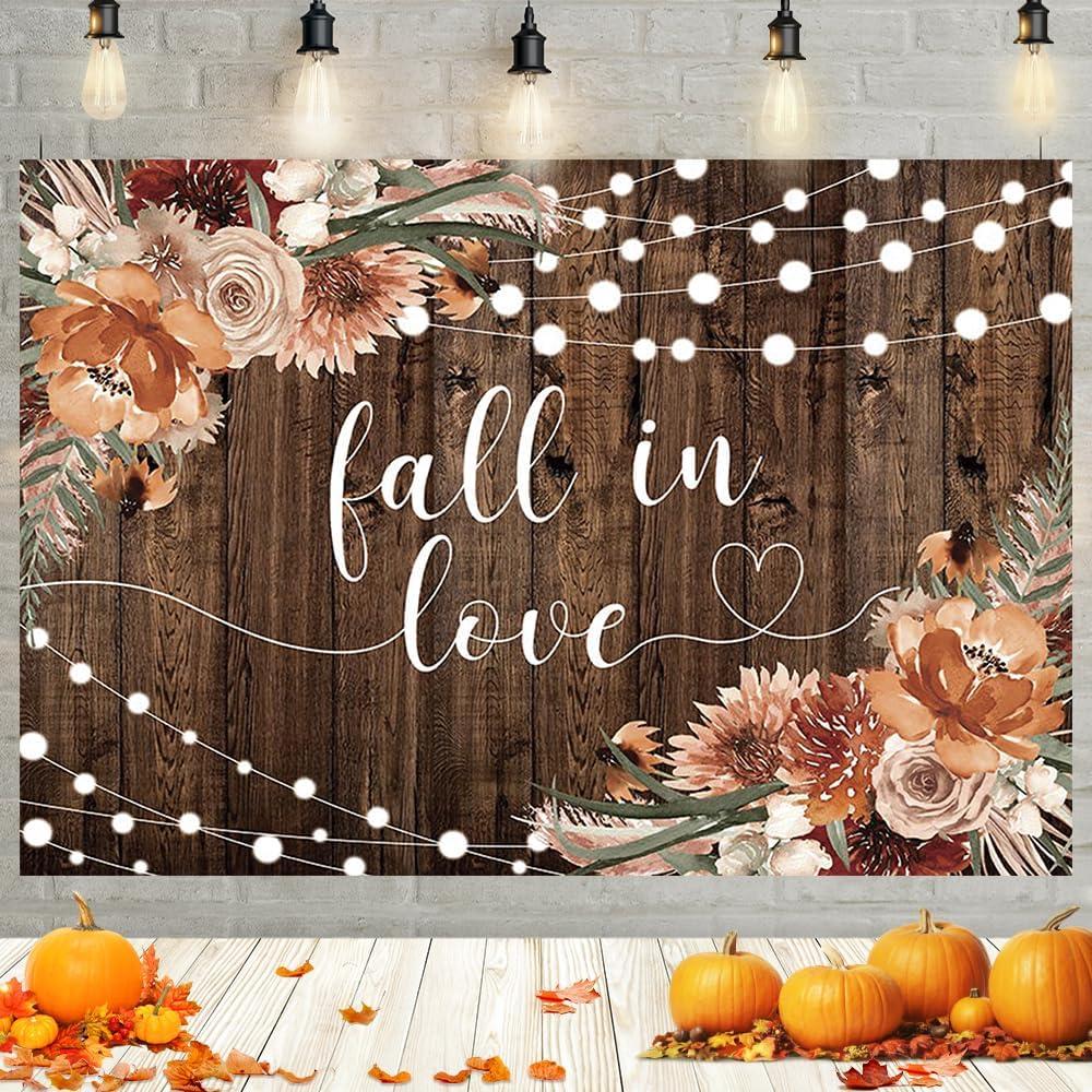 MEHOFOND 7x5ft Fall in Love Bridal Shower Backdrop Autumn Rustic Wedding Photography Background Terracotta Fall Wedding Floral Brown Wood Party Decoration Banner Photo Booth Props