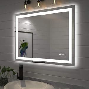 Amorho LED Bathroom Mirror 40"X32" with Front and Backlit, Stepless Dimmable Wall Mirrors with Anti-Fog, Shatter-Proof, Memory, 3 Colors, Double LED Vanity Mirror (Horizontal/Vertical)