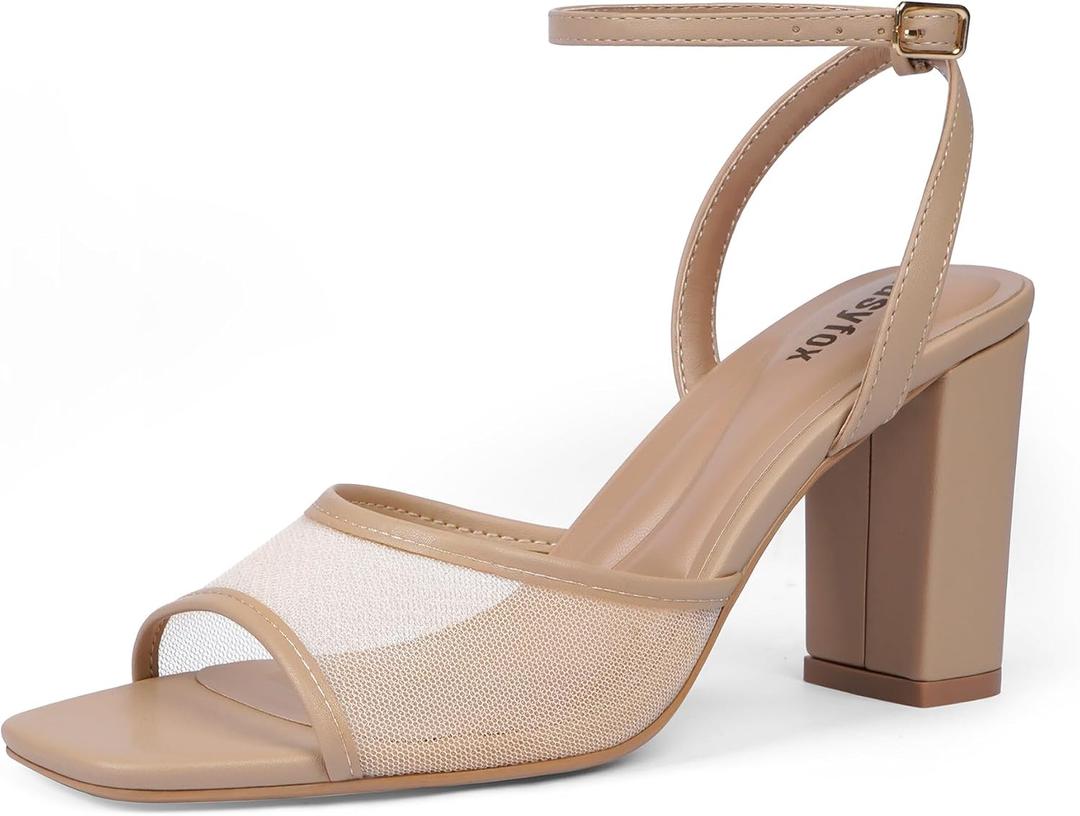 Easyfox Open Toe Chunky Heel Sandals for Women Ankle Strap 3 Inch High Heels Dress Wedding Block Shoes, Size 8