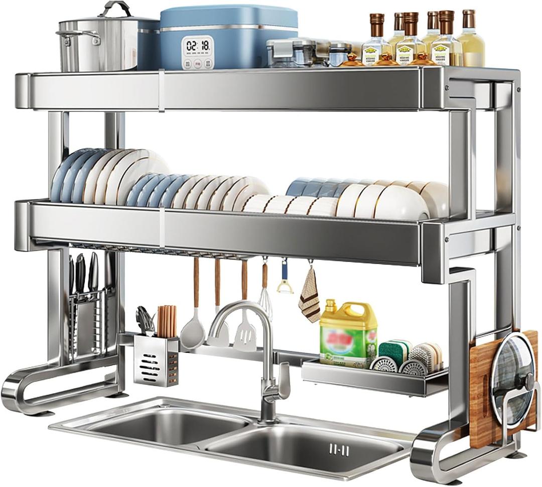 Over Sink Dish Drying Rack 3 Tier Dish Drying Rack Full 304 Stainless Steel Large Storage Kitchen Dish Rack Expandable Drainer Shelf Rack for Kitchen Counter Above Sink Organizer23"-39" (Silver)