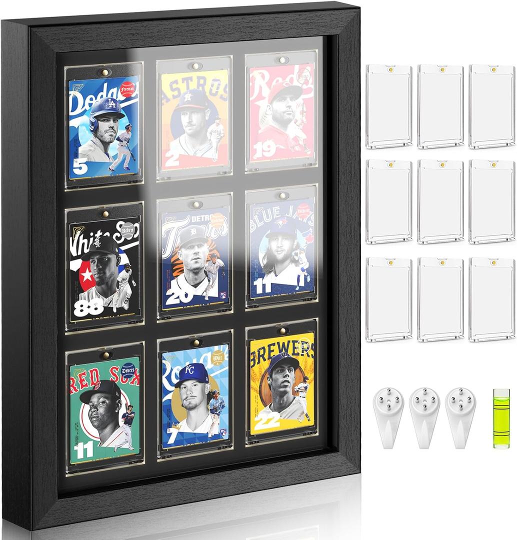 Trading Card Display Case for 9 Standard Cards - Wall Mount Baseball Card Display Case with UV Protection Magnetic Card Holder, Sports Display Cases for Football Basketball Hockey Card Collection