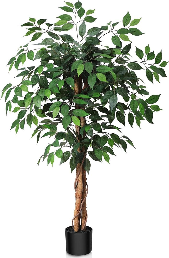 4ft Artificial Ficus Tree with Natural Wood Trunk, Silk Fake Ficus Tree in Plastic Nursery Pot, Faux Plant for Office Home, Indoor Outdoor Decor, 1 Pack