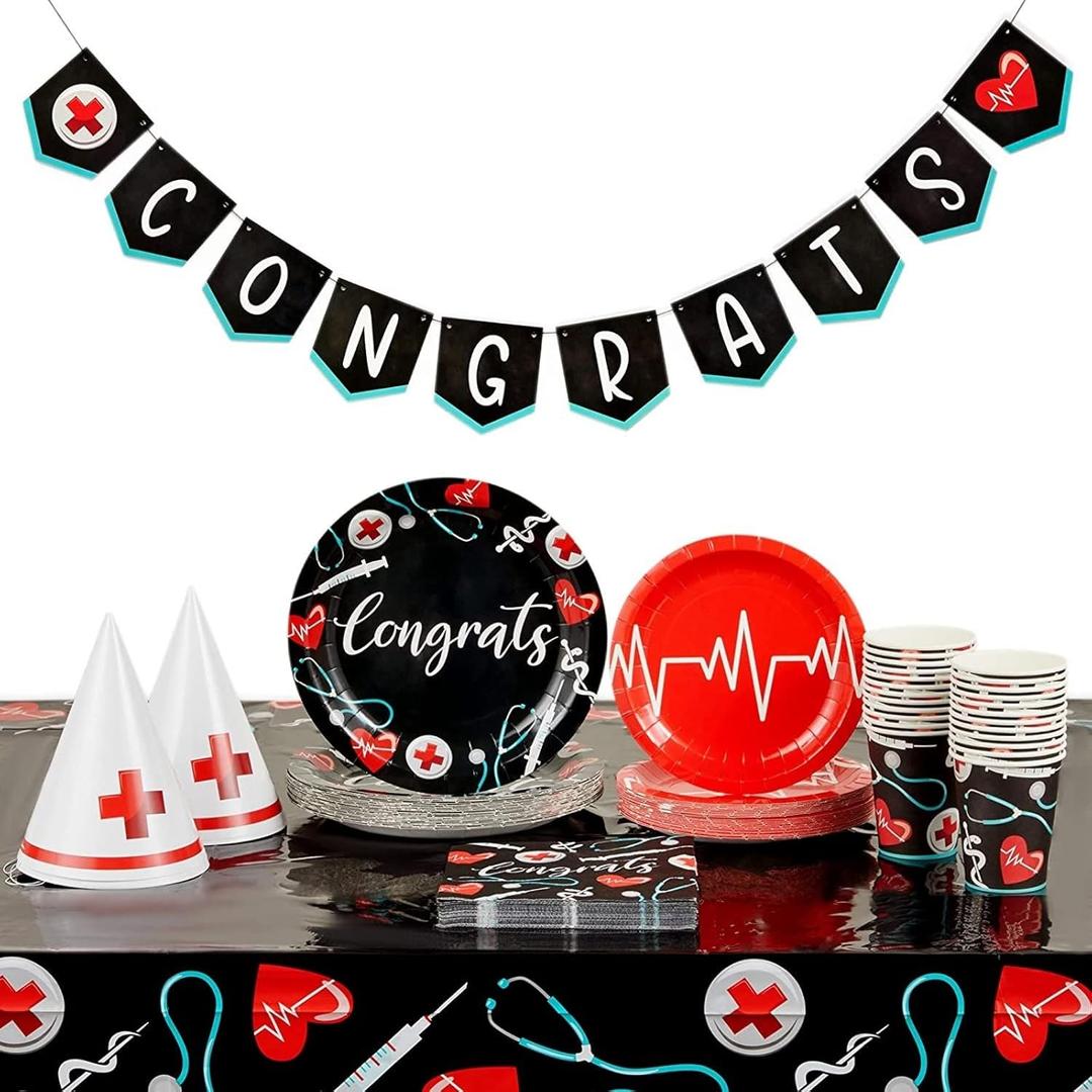 Sparkle and Bash Nurse Graduation Decorations and Party Supplies Set, Serves 24 and Includes Plates, Napkins, Cups, Tablecloths, Hats, and Congrats Banner - Nurse Graduation Party Decorations