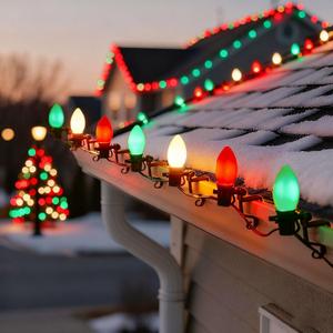 C9 LED Outdoor Christmas Lights,C9 String Lights with Quick Clips, for Xmas House Roof Gutter, Plug in & Connectable,50FT 50 Light, Red Green White