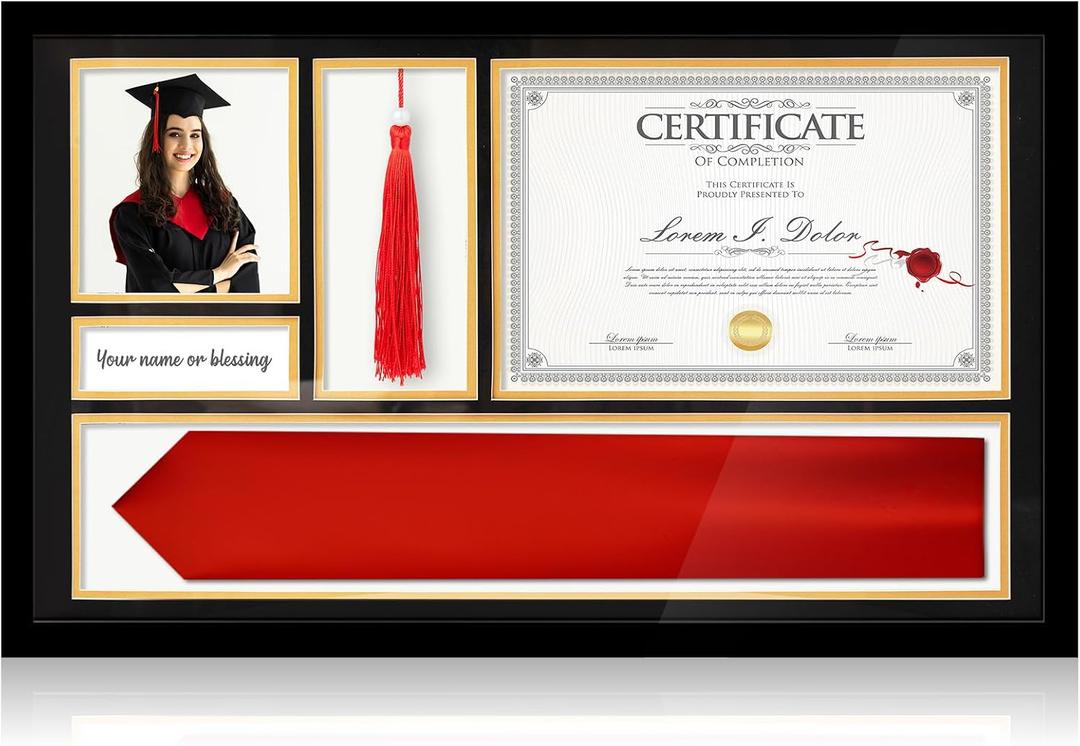 Briwooody Diploma Frames with Tassel Holder and Stole Holder Wood Display Case for Diploma and Photo Class of 2026 Graduation Degree Frames Keepsake(Black,Black Base), Large