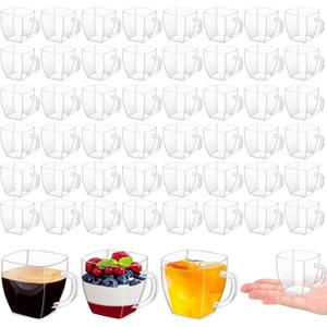 Amyhill Mini Disposable Tea Cups with Handle, 2oz Hard Plastic Coffee Mug Bulk Plastic Square Disposable Espresso Cups for Wedding Tea Party Catering Dessert Sampling(Transparent,50 Pcs)