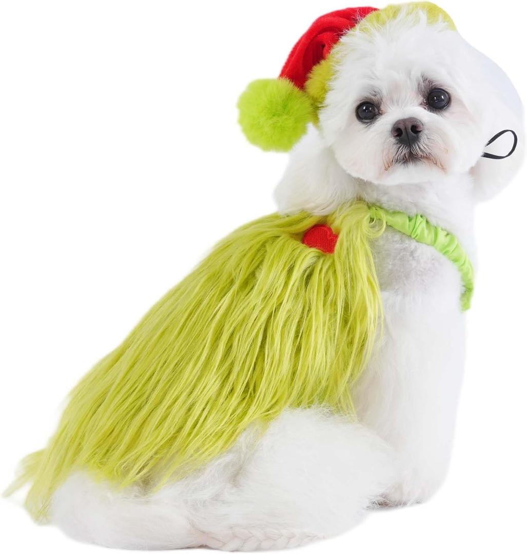 Furry Dog Green Monster Costume with Pet Christmas Hat,Dog Cat Christmas Halloween Costume Outfit Shirt Clothes for Small Medium Large Dogs,Medium (Medium(Chest 17.7inch))