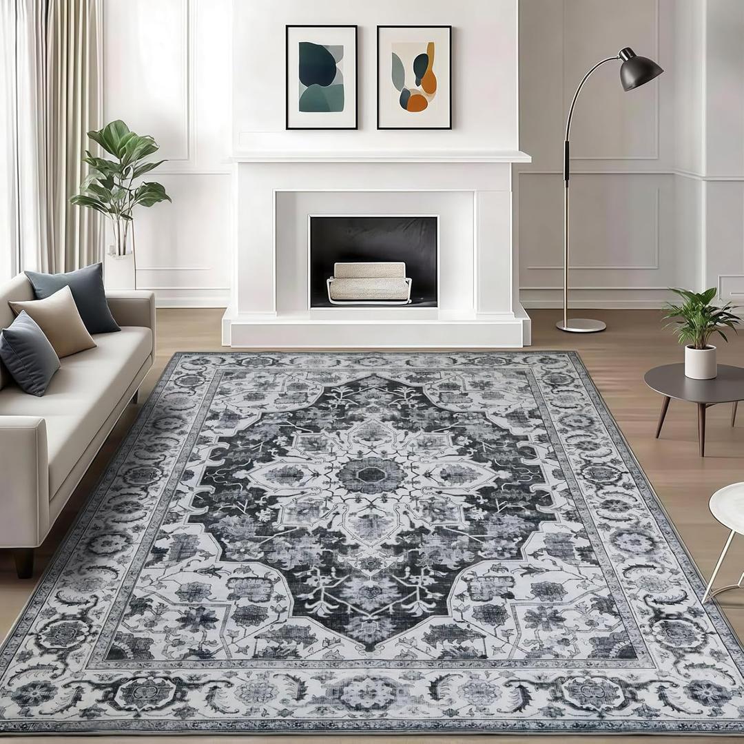 WILLSUN Washable Area Rugs, 6x9 Non-Slip Boho Large Area Rugs for Living Room, Bedroom, Machine Washable Vintage Rug, Indoor Floral Print Carpet for Home Decor, Kid & Pet Friendly Mat (Grey)