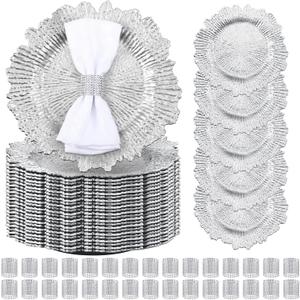 50 Sets Silver Reef Charger Plates Bulk with Napkin Rings Include 13" Round Chargers for Dinner Plates and Mesh Diamonds Napkin Rings for Table Setting, Wedding Party