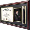 GraduationMall 11x22 Cherry Diploma Frame with Tassel Holder and Picture for 8.5x11 Certificate 5x7 Photo,Tempered Glass,Black over Gold Mat