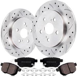 Rear Drilled and Slotted Brake Pads and Rotors Kit Ceramic Automotive Replacement Brake Kits 10.20 Inch Compatible for Toyota Corolla Prius Matrix Pontiac Lexus 1.8L 2.4L 2009-2019 (14 Pcs)