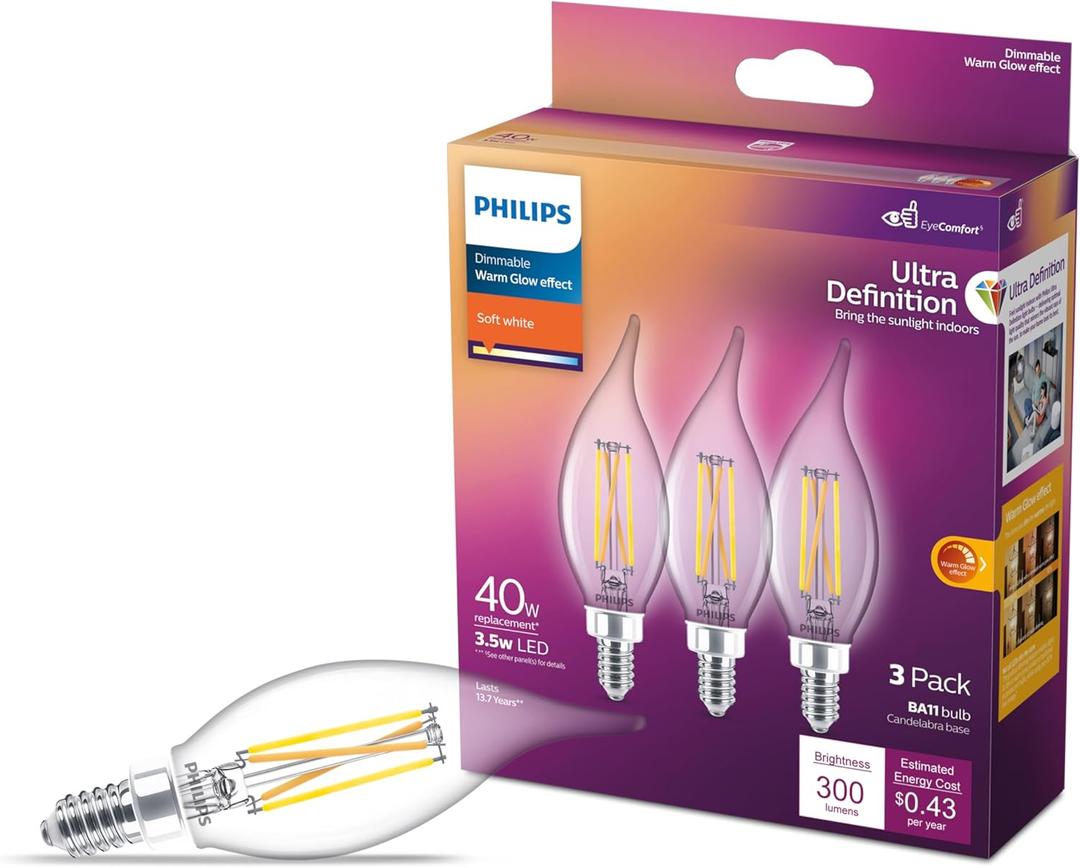 PHILIPS LED 75W BA11 3-Pack Ultra Definition Soft White (2700K) 700 Lumen (6.6W = 75W) Dimmable Clear Flicker-Free Candelabra Light Bulbs Fits E26 or E12 Sockets, Soft White (2700k), 3 Pack, E12 Base, 700 Lumen