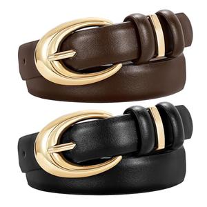 TRIWORKS 3 Pack Women Leather Belt for Jeans Pants Fashion Ladies Skinny Faux Leather Belt with Gold Buckle