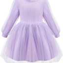 Little Bitty Girls Long Sleeve A-Line Tulle Princess Dress, Midi Length Casual Party Ribbed Knit Top Tulle Skirt 4-13 Years (5T)