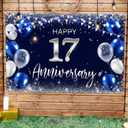 Happy 17th Anniversary Backdrop Banner Decor Navy Blue  Silver Glitter Happy 17 Years Wedding Anniversary Party Theme Decorations for Women Men Supplies