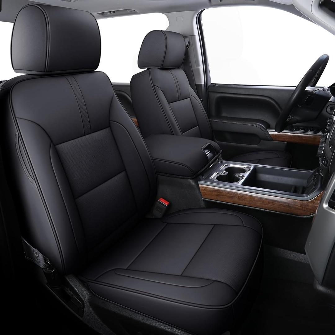 Coverado Chevy Silverado Seat Covers Full Set, Faux Leather Car Seat Covers Fit for 2007-2013 & 2019-2025 1500, 2020-2025 2500HD 3500HD Chevy Silverado GMC Sierra Crew Double Extended Cab (Black)