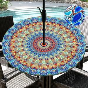 Round Outdoor Tablecloth with Umbrella Hole Waterproof Patio Table Covers Round Fitted Tablecloth with Elastic Zippered Outdoor Table Cloth for Picnic, Camping, Garden