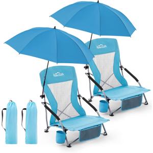 Homcosan Portable Low Folding Beach Chairs Set of 2 with Detachable Umbrellas - Lightweight Camping Chairs for Adults with Cup Holder & Storage Pockets, Carry Bag Included (Blue)
