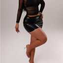 RoseSeek Women's Long Sleeve Mesh Tops Ruched Crew Neck See Through Tight T Shirts (Black, S)