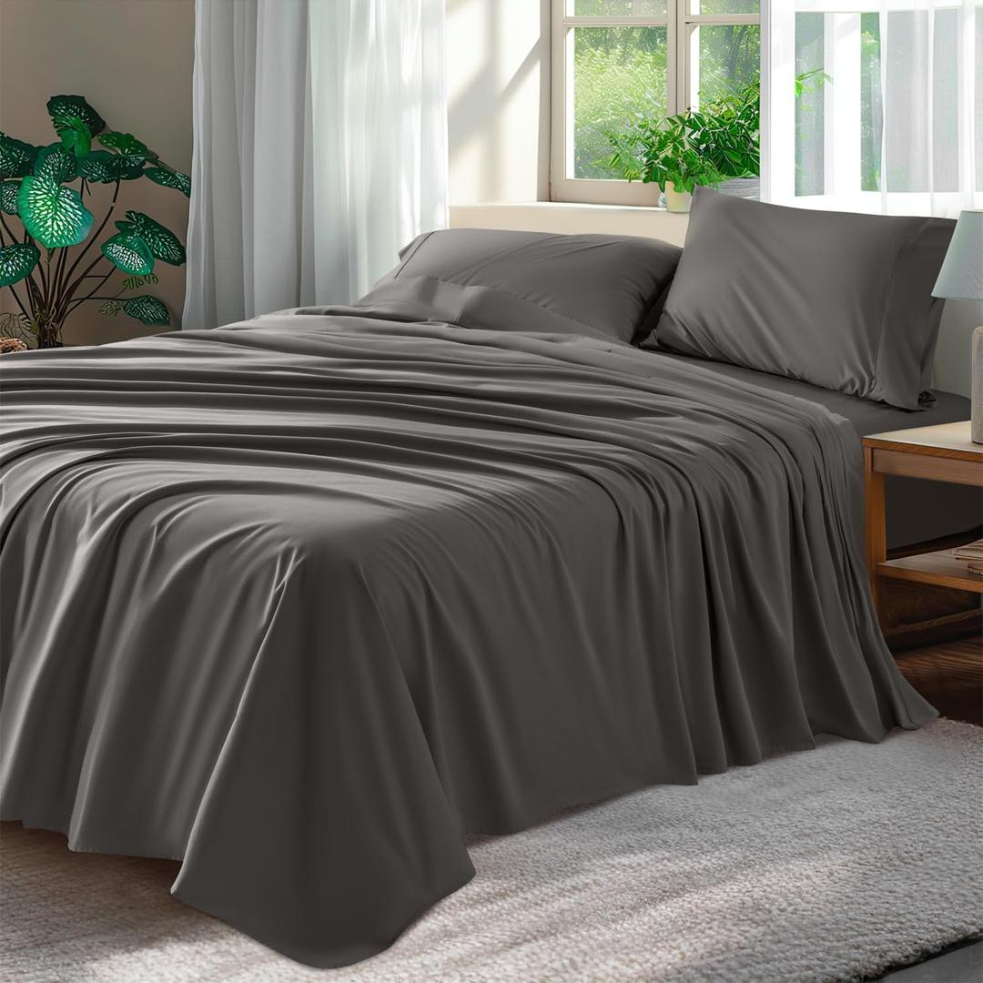 Shilucheng 100% Cotton Queen Size Sheets Set - 600 Thread CountLuxury Egyptian Cotton Bed Sheets5-Star Hotel Quality Sheets, Breathable & Cooling, 16 Inch Deep Pocket - 4 Piece (Dark Grey, Queen)